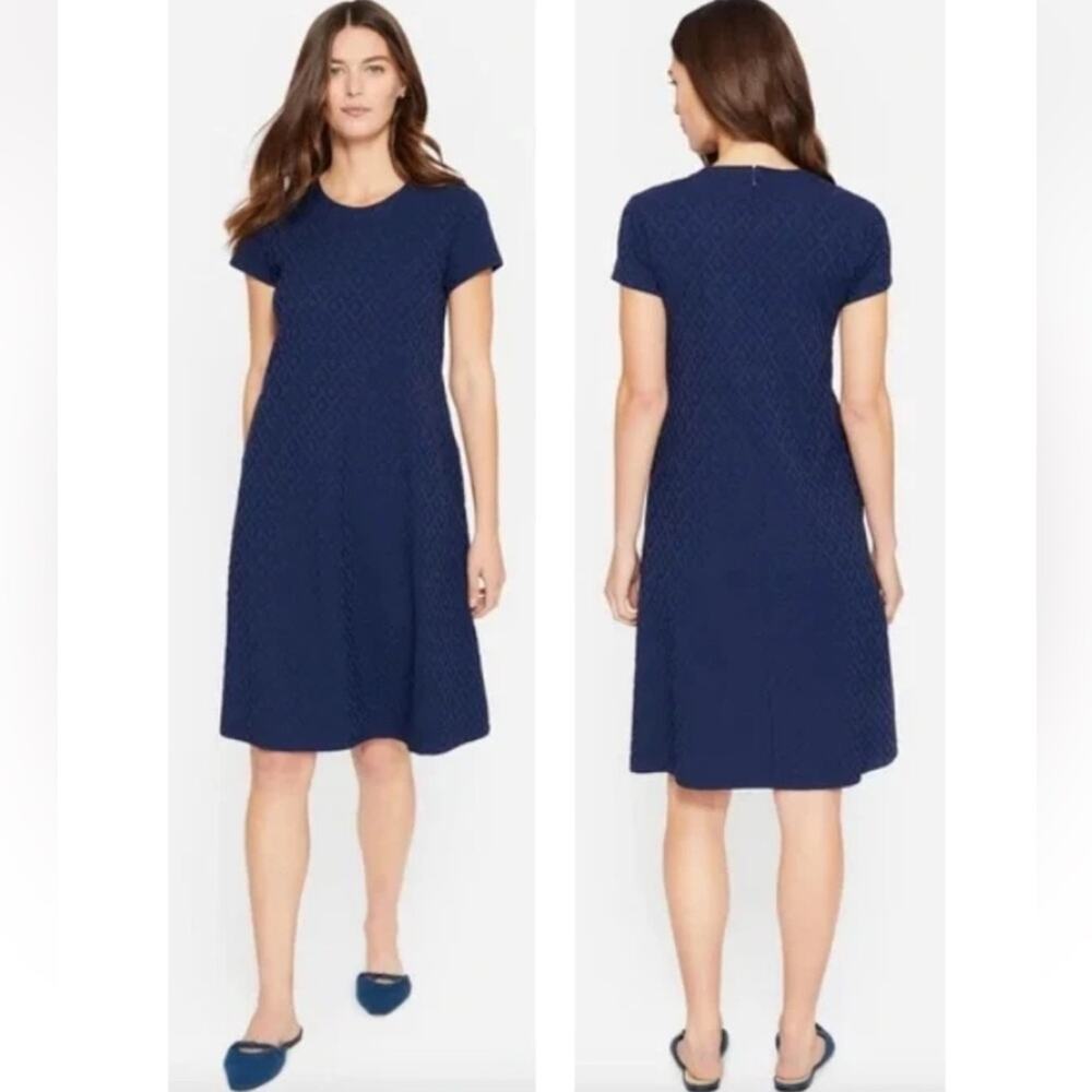 J McLaughlin Swing Dress Blue Jacquard Mini Knot Short Sleeve Stretch Pockets S